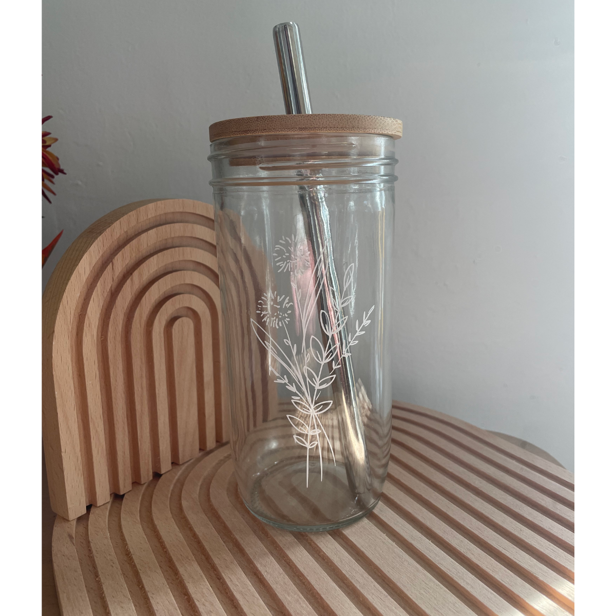 Floral Bouquet Glass Tumbler + Acacia Lid